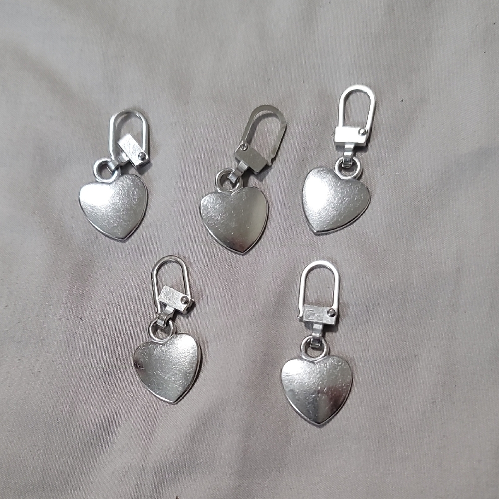 Silver Heart Charm Zipper Pulls Clips - Set of 4